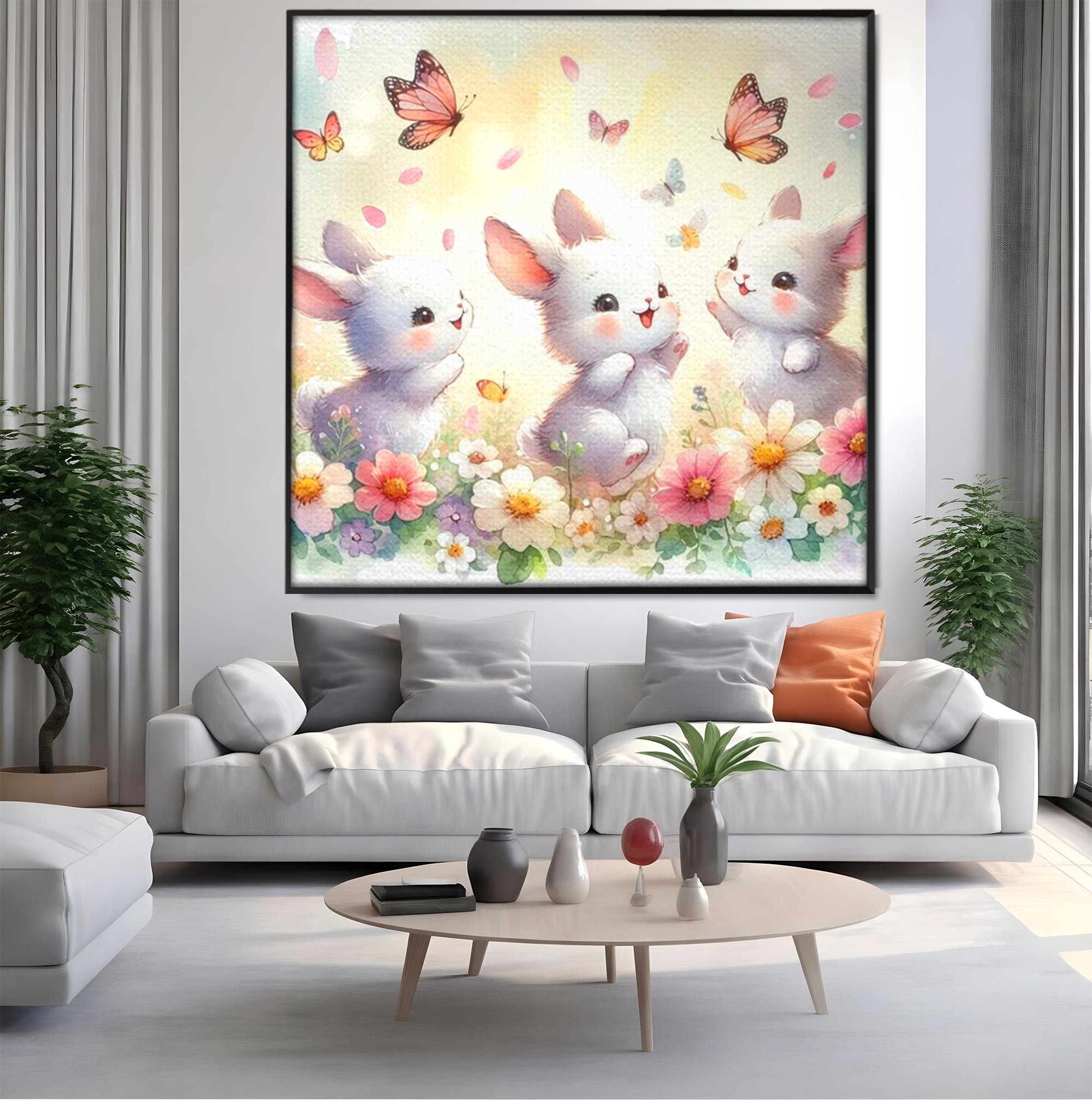 Tablou canvas cu ilustratie cu trei iepurasi si fluturi, in rama de aluminiu negru, pe perete intr-un living